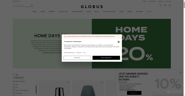 Security scan screenshot of https://www.globus.ch/home-days?wohnen___reisen=2ee37890-37f0-4341-abf6-aac76969810e&sc_src=email_4232422&sc_lid=290734033&sc_uid=zP3R20i424&sc_llid=467556&sc_customer=0327f37c9208167d9b0b5fb90d68e28589aef0066bddedd98d9d5328a5adbcbc&utm_source=newsletter_de&utm_medium=email&utm_campaign=20260906_prom_homedays_lastday_DE_4232422&guid=0327f37c9208167d9b0b5fb90d68e28589aef0066bddedd98d9d5328a5adbcbc&utm_content=