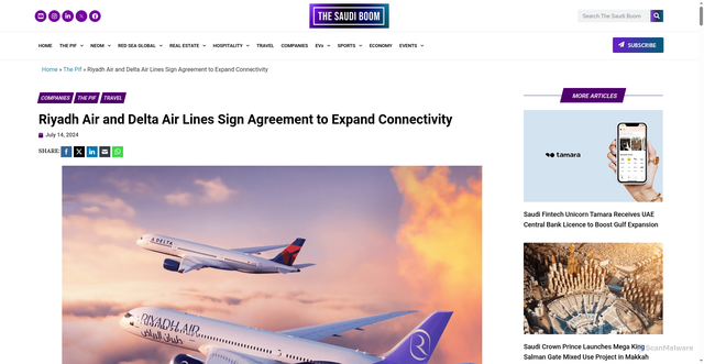 Security scan screenshot of https://thesaudiboom.com/riyadh-air-and-delta-air-lines-sign-agreement-to-expand-connectivity/