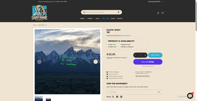 Security scan screenshot of https://saintmarierecords.com/products/kanye-west-ye?srsltid=AfmBOopBkqPbM1uG011b8t3zbr0xSCZwRx5cVInx5gEuslul43dvOAx0