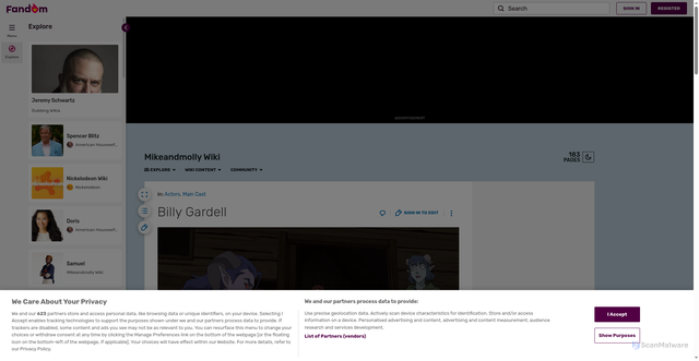 Security scan screenshot of https://mikeandmolly.fandom.com/wiki/Billy_Gardell