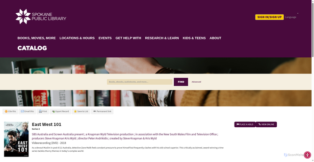 Security scan screenshot of https://catalog.spokanelibrary.org/catalog/Record/b6c0cc0a-ed00-4eba-8195-3a0c15d058d2