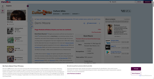 Security scan screenshot of https://culture.fandom.com/wiki/Demi_Moore