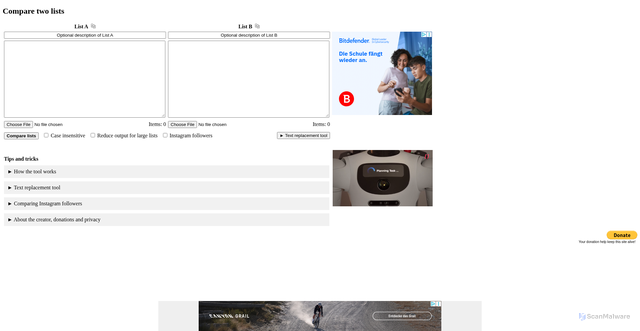 Security scan screenshot of https://comparetwolists.com