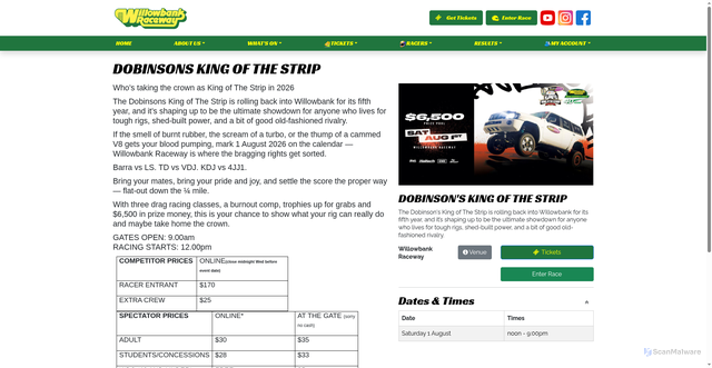 Security scan screenshot of https://willowbankraceway.com.au/event/dobinsons-king-of-the-strip/