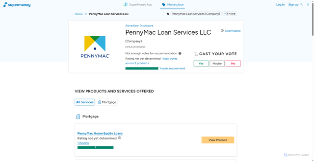 Security scan screenshot of https://www.supermoney.com/reviews/pennymac-loan-services-llc