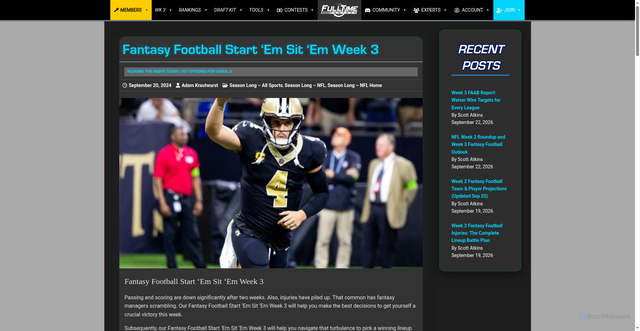 Security scan screenshot of https://fulltimefantasy.com/2024/09/20/fantasy-football-start-em-sit-em-week-3-3/