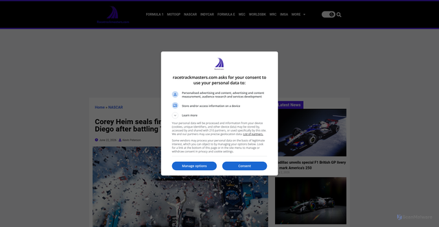 Security scan screenshot of https://www.racetrackmasters.com/corey-heim-seals-first-nascar-cup-win-at-san-diego-after-battling-tyler-reddick/