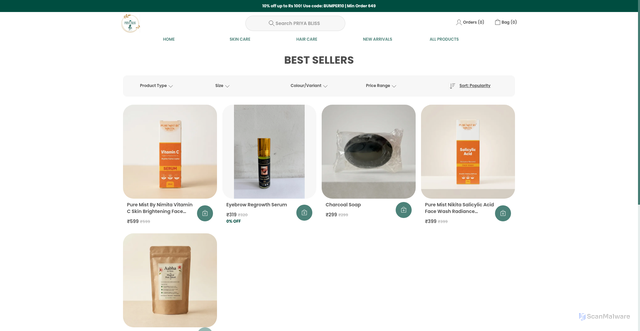 Security scan screenshot of https://priyabliss.com/BEST-SELLERS/collection/JRNRT2oU