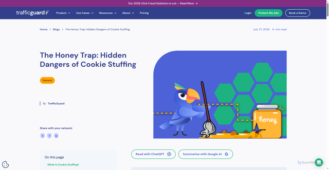 Security scan screenshot of https://www.trafficguard.ai/blog/the-honey-trap-hidden-dangers-of-cookie-stuffing