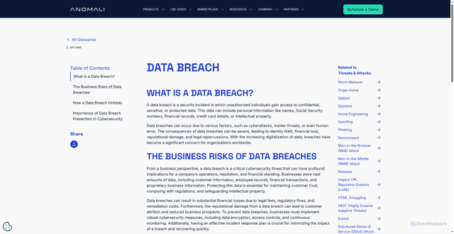 Security scan screenshot of https://www.anomali.com/glossary/data-breach