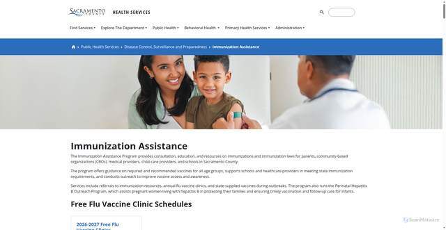 Security scan screenshot of https://dhs.saccounty.gov/content/dhs/us/en/public-health/services/disease-control/immunization-assistance.html