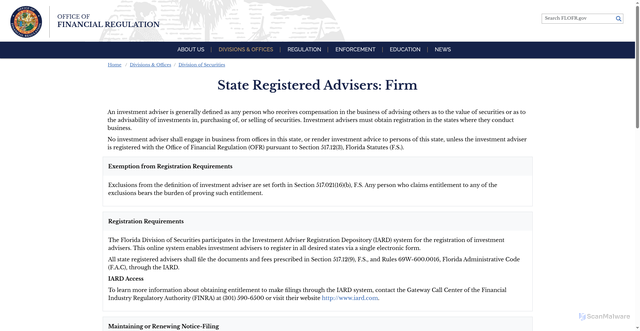 Security scan screenshot of https://flofr.gov/divisions-offices/division-of-securities/state-registered-advisers-firm