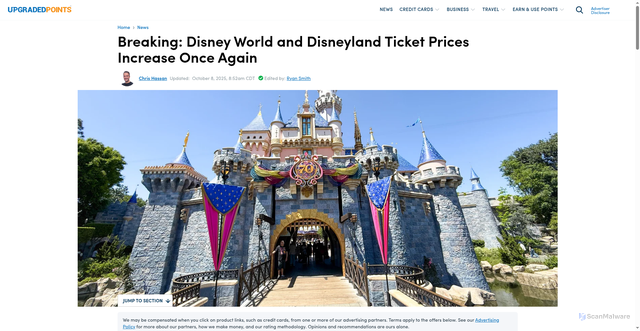 Security scan screenshot of https://upgradedpoints.com/news/disney-world-disneyland-2025-ticket-price-increase/