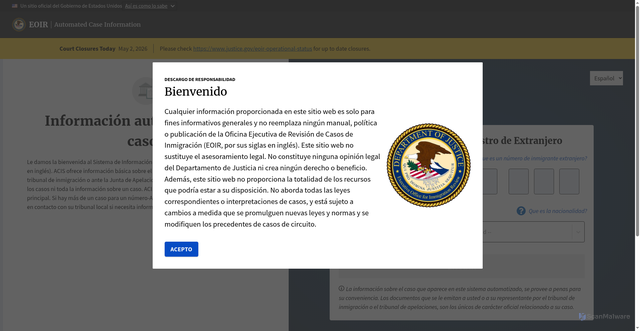 Security scan screenshot of https://acis.eoir.justice.gov/es/
