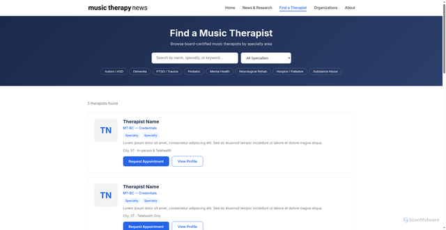 Security scan screenshot of https://musictherapynews.com/directory