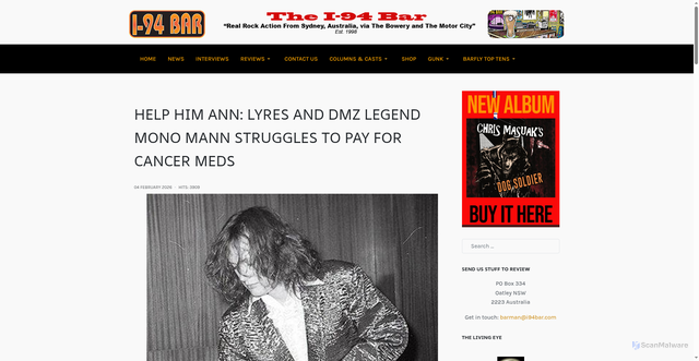 Security scan screenshot of https://www.i94bar.com/news/3548-help-him-ann-lyres-and-dmz-legend-mono-mann-struggles-to-pay-for-cancer-meds