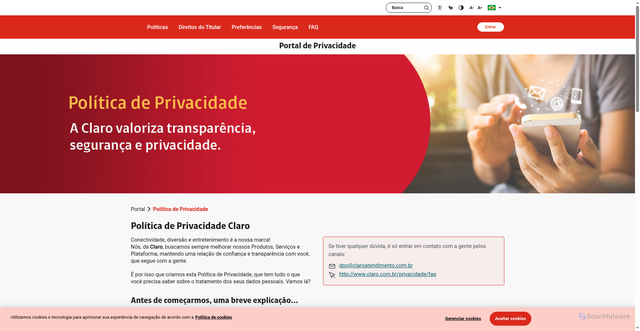 Security scan screenshot of https://www.claro.com.br/privacidade/politica-de-privacidade