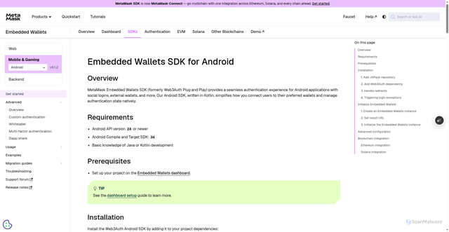 Security scan screenshot of https://metamask-docs-git-dependabot-npmandya-95394d-consensys-ddffed67.vercel.app/embedded-wallets/sdk/android