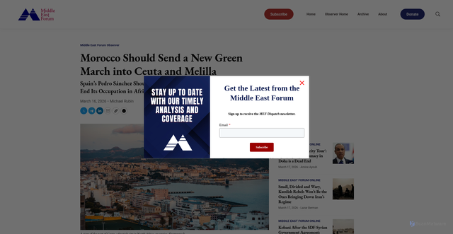 Security scan screenshot of https://www.meforum.org/mef-observer/morocco-should-send-a-new-green-march-into-ceuta-and-melilla