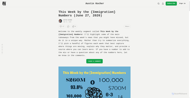 Security scan screenshot of https://austinkocher.substack.com/p/this-week-by-the-immigration-numbers-534