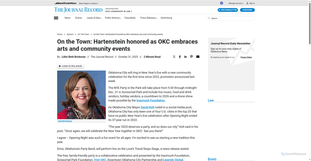 Security scan screenshot of https://journalrecord.com/2025/10/31/okc-new-years-eve-hartenstein-gallery-events/