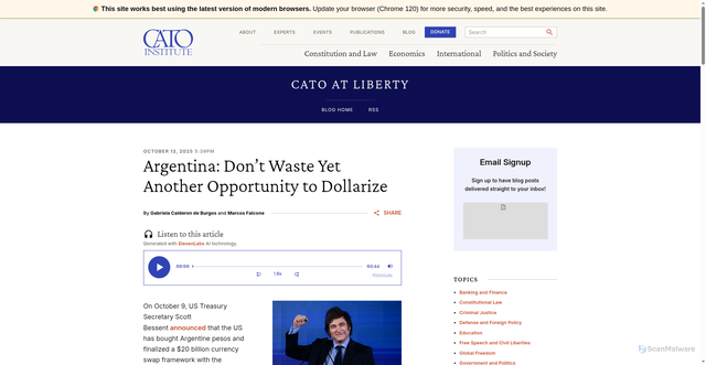 Security scan screenshot of https://www.cato.org/blog/argentina-dont-waste-yet-another-opportunity-dollarize