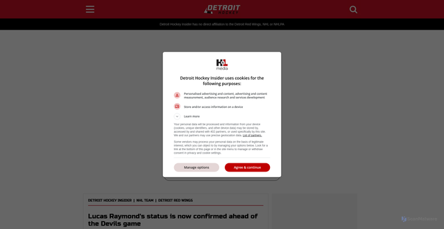 Security scan screenshot of https://www.detroithockeyinsider.com/nhl-team/detroit-red-wings/lucas-raymond-status-is-now-confirmed-ahead-of-the-devils-game