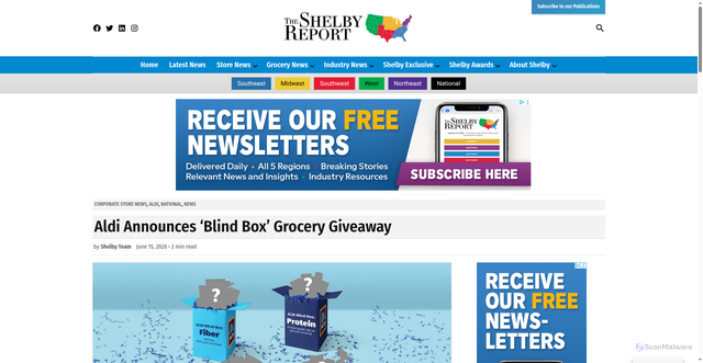 Security scan screenshot of https://theshelbyreport.com/2026/06/15/aldi-launches-free-blind-box-grocery-bundle-giveaway/