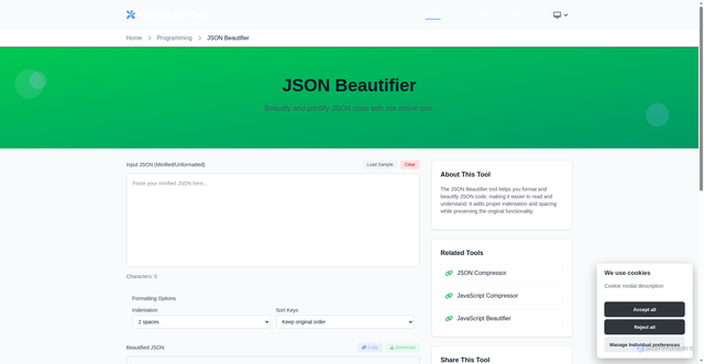 Security scan screenshot of https://everyonlinetools.com/tools/json-beautifier/
