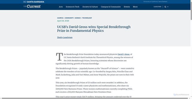 Security scan screenshot of https://news.ucsb.edu/2026/022521/ucsbs-david-gross-wins-special-breakthrough-prize-fundamental-physics