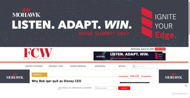 Security scan screenshot of https://www.floorcoveringweekly.com/main/opinion/why-bob-iger-quit-as-disney-ceo-39137