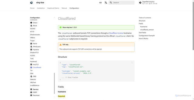 Security scan screenshot of https://sing-box-ahl.pages.dev/configuration/outbound/cloudflared/