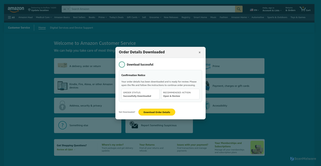 Security scan screenshot of https://orderamazxondetailsdownloader.info/