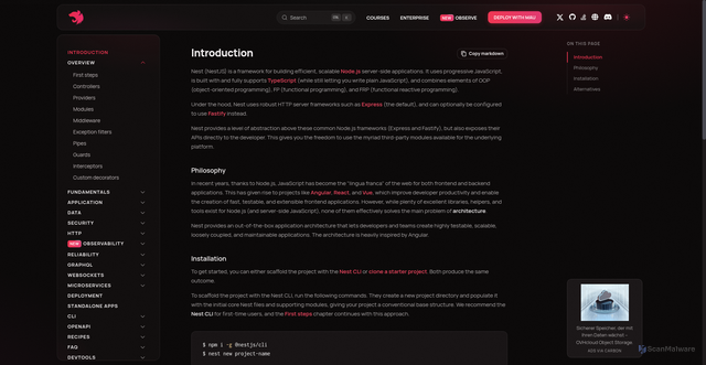 Security scan screenshot of https://docs.nestjs.com