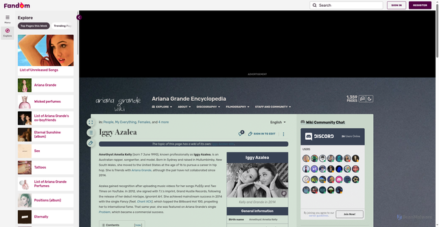 Security scan screenshot of https://arianagrande.fandom.com/wiki/Iggy_Azalea