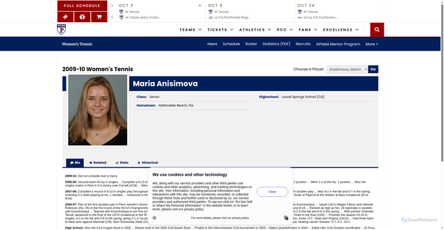 Security scan screenshot of https://pennathletics.com/sports/womens-tennis/roster/maria-anisimova/8590