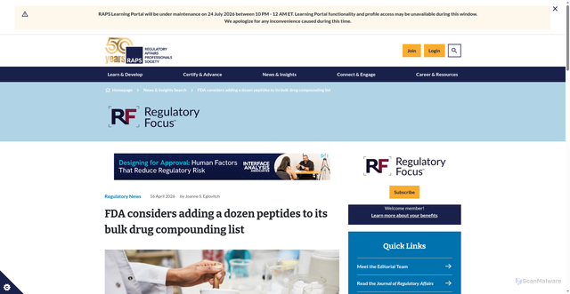 Security scan screenshot of https://www.raps.org/resource/fda-considers-adding-a-dozen-peptides-to-its-bulk-drug-compounding-list.html