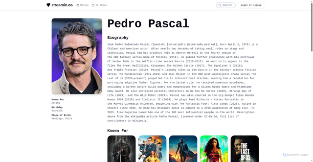 Security scan screenshot of https://streamin.co/au/person/pedro-pascal-1253360
