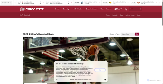 Security scan screenshot of https://chicowildcats.com/sports/mens-basketball/roster/trae-taylor/6685