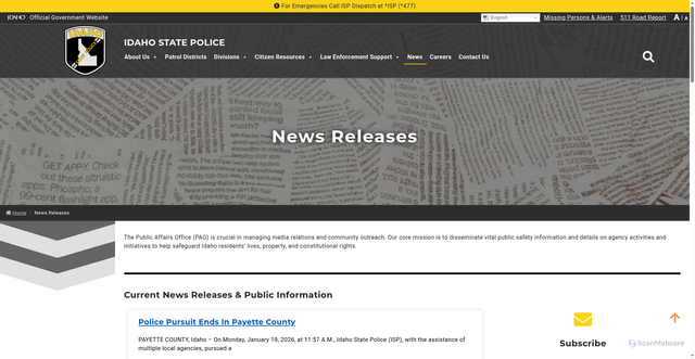 Security scan screenshot of https://isp.idaho.gov/news/