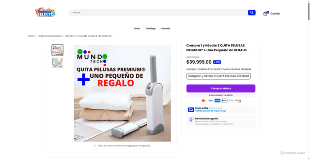 Security scan screenshot of https://tiendaselecto.store/products/saca-pelusas-premium%C2%AE%EF%B8%8F