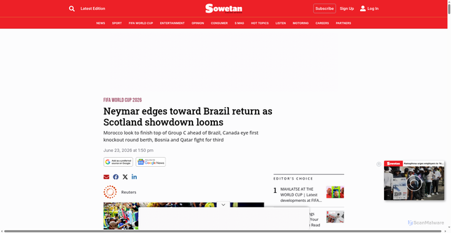Security scan screenshot of https://www.sowetan.co.za/sport/fifa-world-cup-2026/2026-06-23-neymar-edges-toward-brazil-return-as-scotland-showdown-looms/