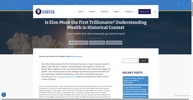 Security scan screenshot of https://www.uncomfortableoxford.com/musk-the-first-trillionaire-wealth-in-historical-context