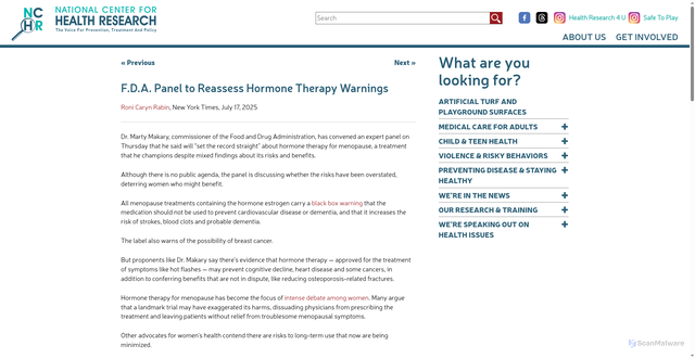 Security scan screenshot of https://www.center4research.org/f-d-a-panel-to-reassess-hormone-therapy-warnings/