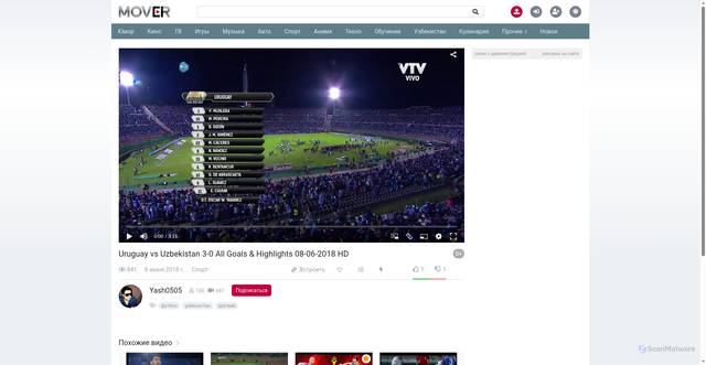 Security scan screenshot of https://mover.uz/watch/P6V37yem
