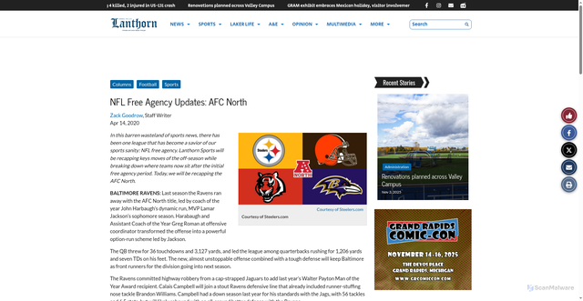 Security scan screenshot of https://lanthorn.com/75686/sports/nfl-free-agency-updates-afc-north/
