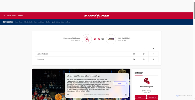 Security scan screenshot of https://richmondspiders.com/news/2025/10/25/mens-basketball-tyne-robinson-lift-spiders-to-exhibition-win