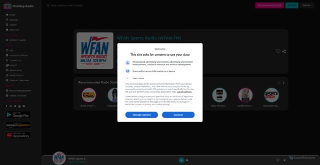 Security scan screenshot of https://theonestopradio.com/radio/wfan_sports_radio_us