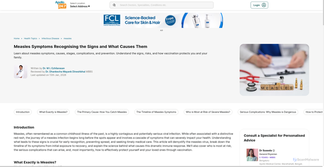 Security scan screenshot of https://www.apollo247.com/health-topics/measles/measles-symptoms-recognising-the-signs-and-what-causes-them