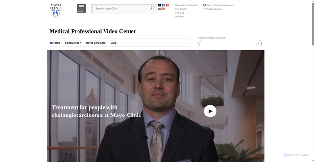 Security scan screenshot of https://medprofvideos.mayoclinic.org/videos/treatment-for-patients-with-cholangiocarcinoma-at-mayo-clinic